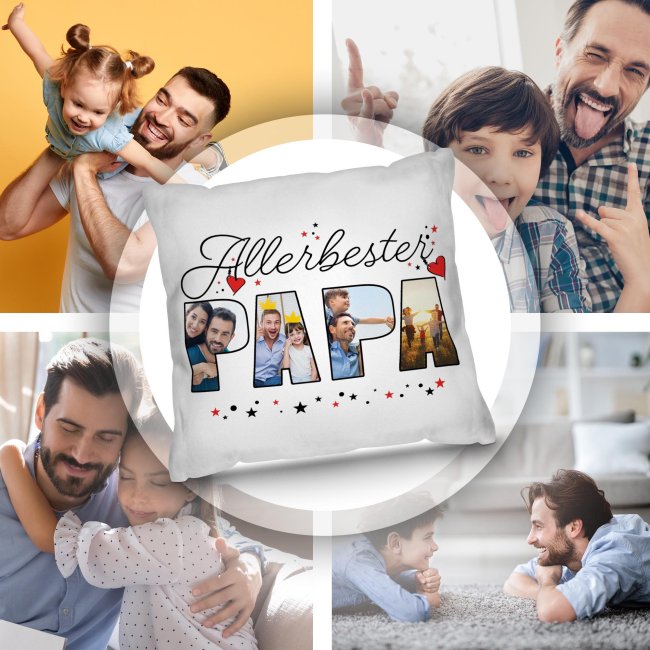 Personalisiertes Kissen - Allerbester Papa - mit 4 Fotos - Wei&szlig;