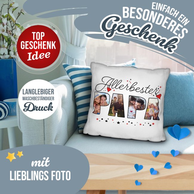 Personalisiertes Kissen - Allerbester Papa - mit 4 Fotos - Wei&szlig;