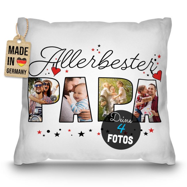 Personalisiertes Kissen - Allerbester Papa - mit 4 Fotos - Wei&szlig;