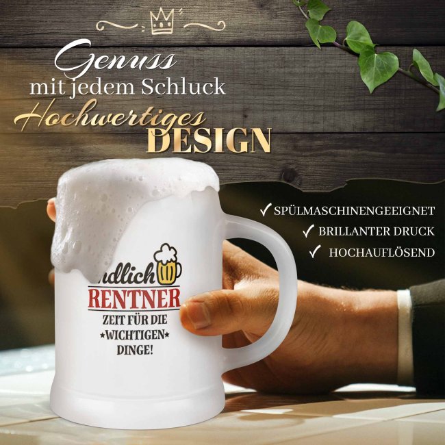 Bierkrug mit Spruch - Endlich Rentner - Zeit f&uuml;r die wichtigen Dinge - Keramik