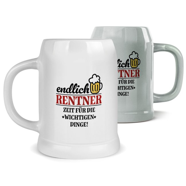 Bierkrug mit Spruch - Endlich Rentner - Zeit f&uuml;r die wichtigen Dinge - Keramik