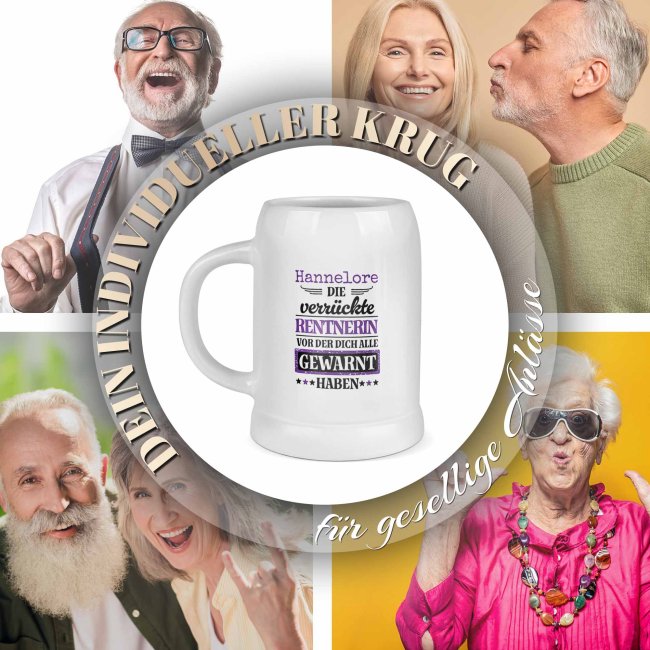 Personalisierter Bierkrug mit Name - Die verr&uuml;ckte Rentnerin - Keramik