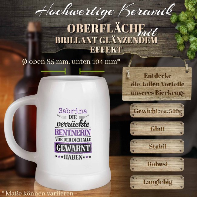 Personalisierter Bierkrug mit Name - Die verr&uuml;ckte Rentnerin - Keramik
