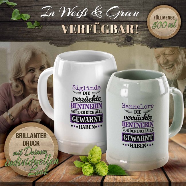 Personalisierter Bierkrug mit Name - Die verr&uuml;ckte Rentnerin - Keramik