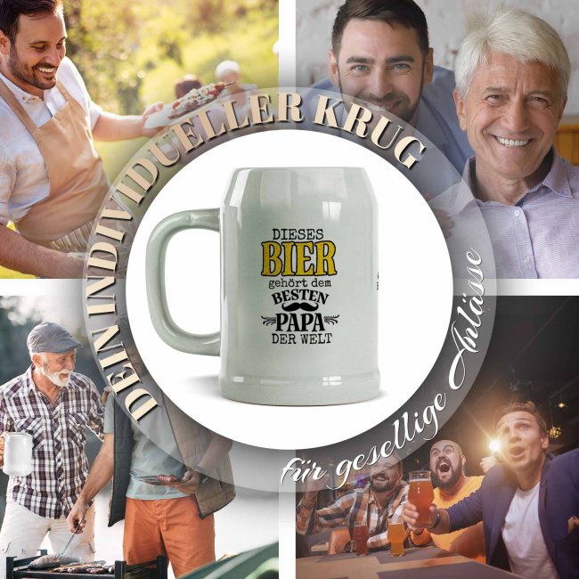 Personalisierter Bierkrug mit Name - Dieses Bier geh&ouml;rt dem besten Papa - Keramik Grau, 500 ml