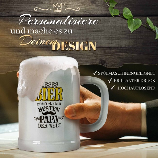 Personalisierter Bierkrug mit Name - Dieses Bier geh&ouml;rt dem besten Papa - Keramik Grau, 500 ml