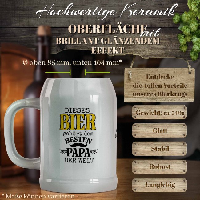 Personalisierter Bierkrug mit Name - Dieses Bier geh&ouml;rt dem besten Papa - Keramik Grau, 500 ml