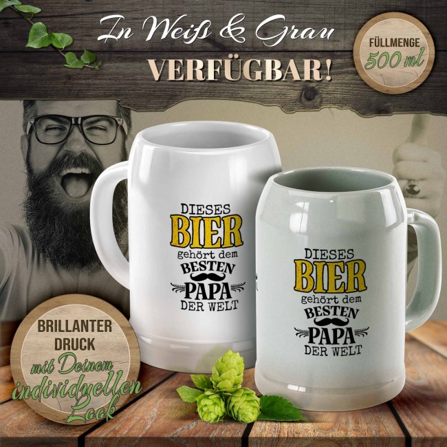Personalisierter Bierkrug mit Name - Dieses Bier geh&ouml;rt dem besten Papa - Keramik Grau, 500 ml