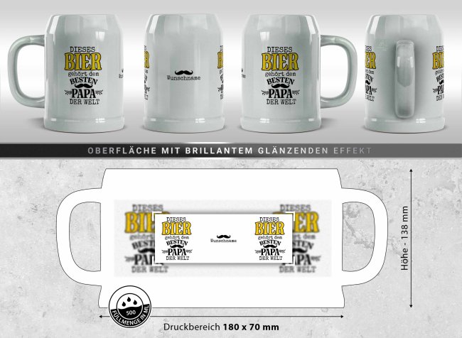 Personalisierter Bierkrug mit Name - Dieses Bier geh&ouml;rt dem besten Papa - Keramik Grau, 500 ml