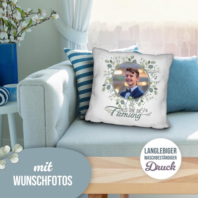 Personalisiertes Kissen zur Firmung - Alles liebe - Kreis - mit Foto