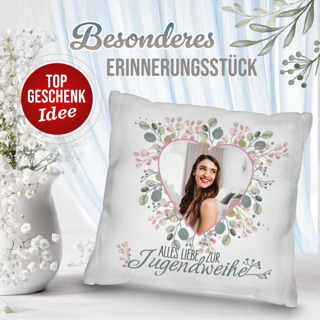 Personalisiertes Kissen zur Jugendweihe - Alles liebe - Herz - mit Foto