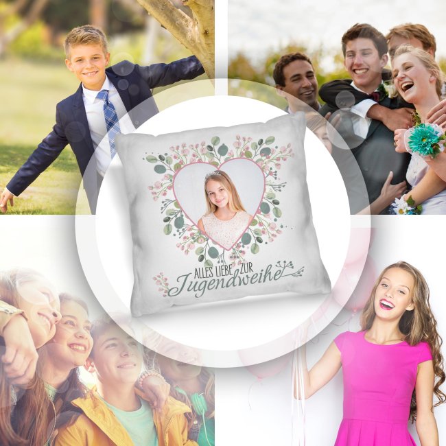 Personalisiertes Kissen zur Jugendweihe - Alles liebe - Herz - mit Foto