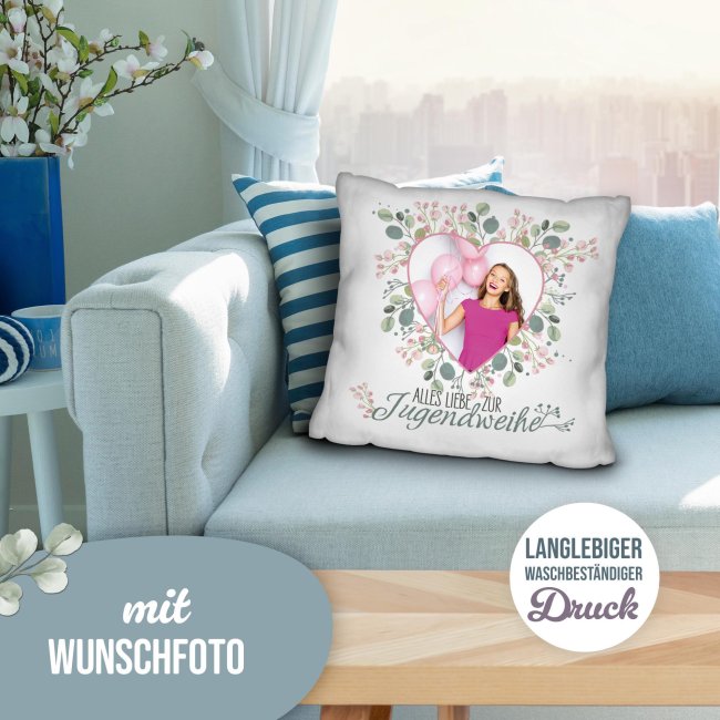 Personalisiertes Kissen zur Jugendweihe - Alles liebe - Herz - mit Foto