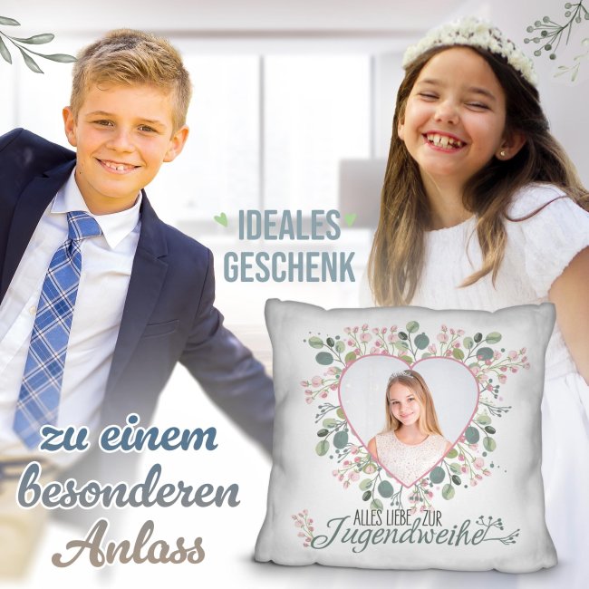 Personalisiertes Kissen zur Jugendweihe - Alles liebe - Herz - mit Foto