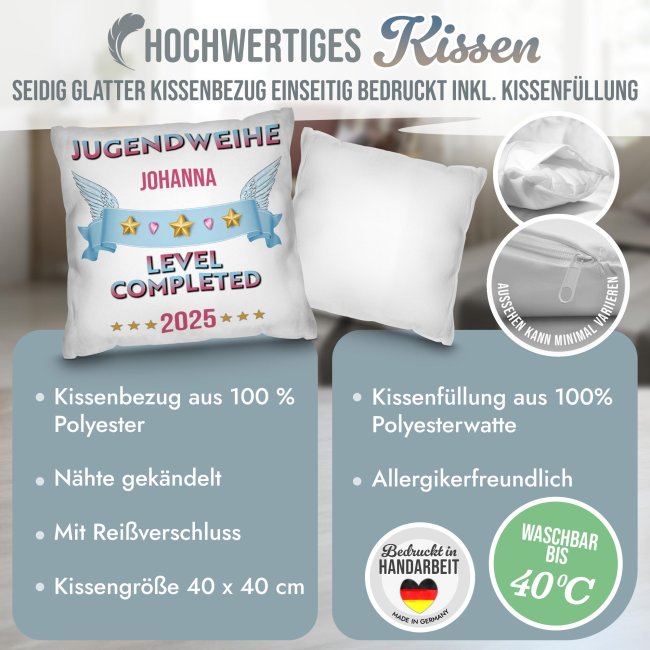 Personalisiertes Kissen zur Jugendweihe - Level completed - mit Name und Jahr