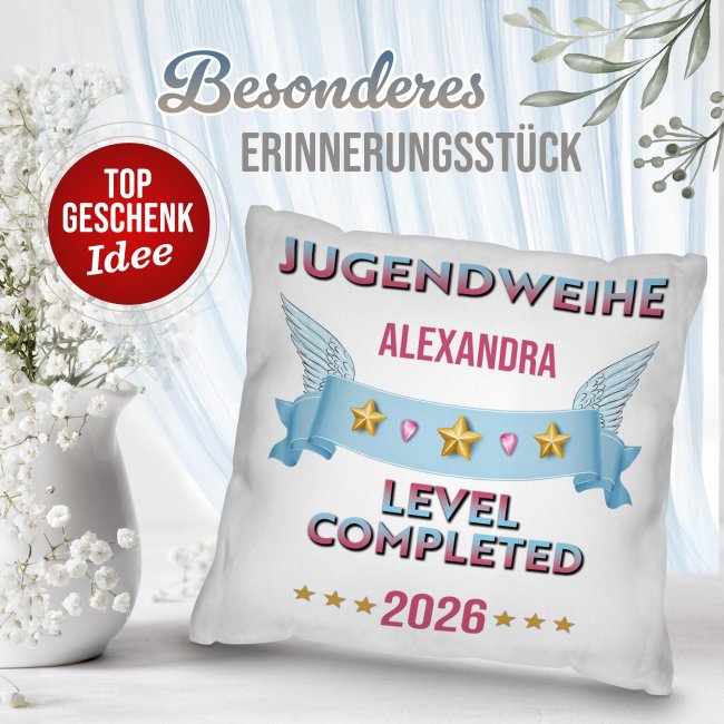 Personalisiertes Kissen zur Jugendweihe - Level completed - mit Name und Jahr