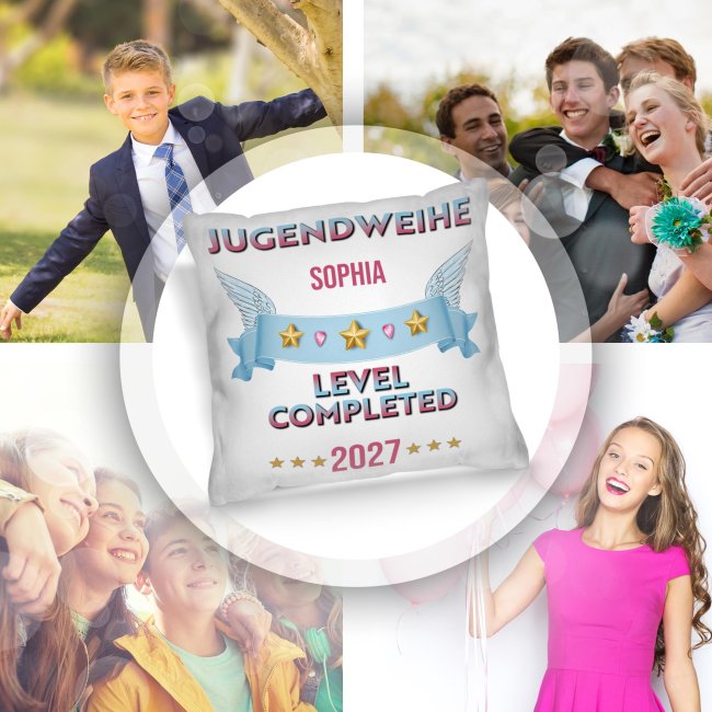 Personalisiertes Kissen zur Jugendweihe - Level completed - mit Name und Jahr
