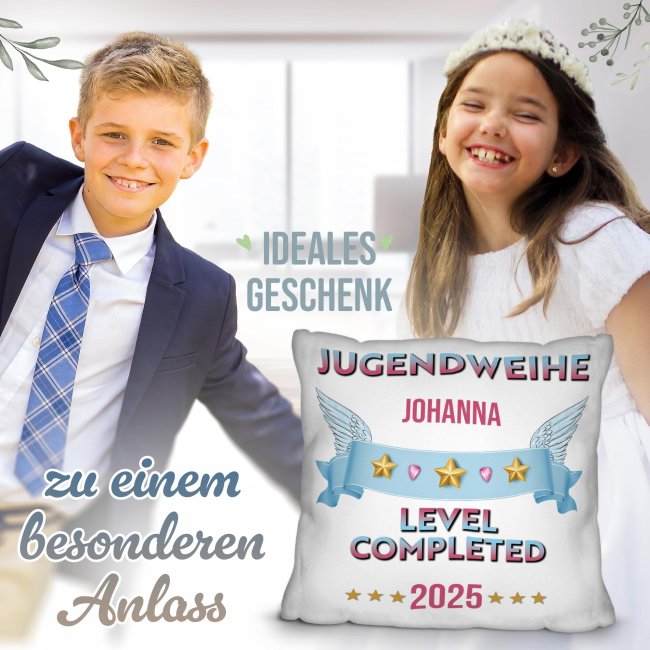 Personalisiertes Kissen zur Jugendweihe - Level completed - mit Name und Jahr