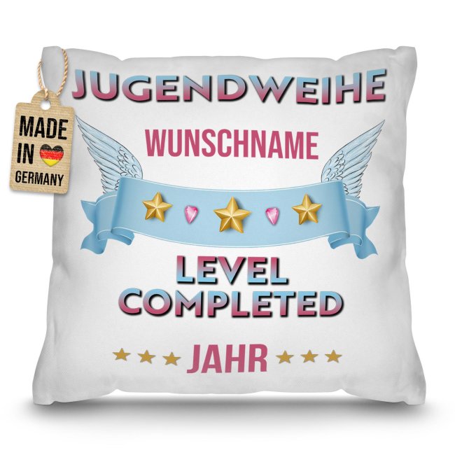 Personalisiertes Kissen zur Jugendweihe - Level completed - mit Name und Jahr