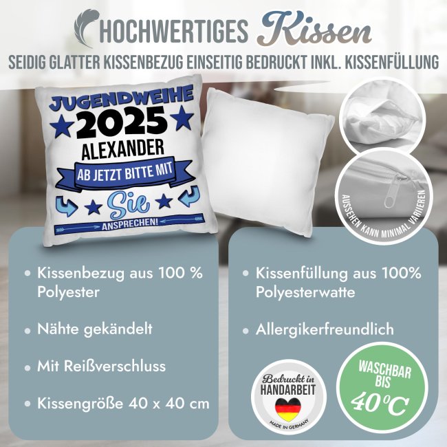 Personalisiertes Kissen zur Jugendweihe - Ab jetzt bitte mit Sie ansprechen, blau - mit Name und Jahr
