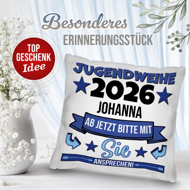 Personalisiertes Kissen zur Jugendweihe - Ab jetzt bitte mit Sie ansprechen, blau - mit Name und Jahr