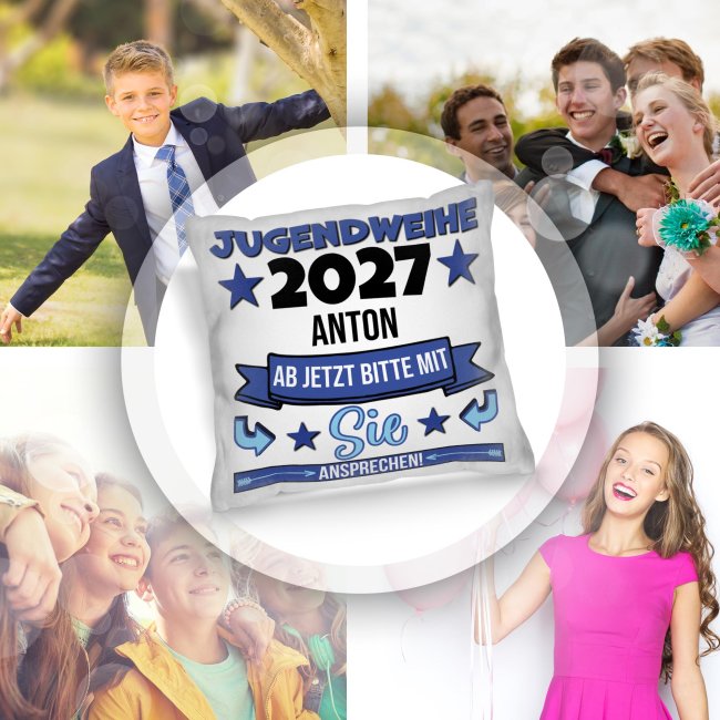 Personalisiertes Kissen zur Jugendweihe - Ab jetzt bitte mit Sie ansprechen, blau - mit Name und Jahr