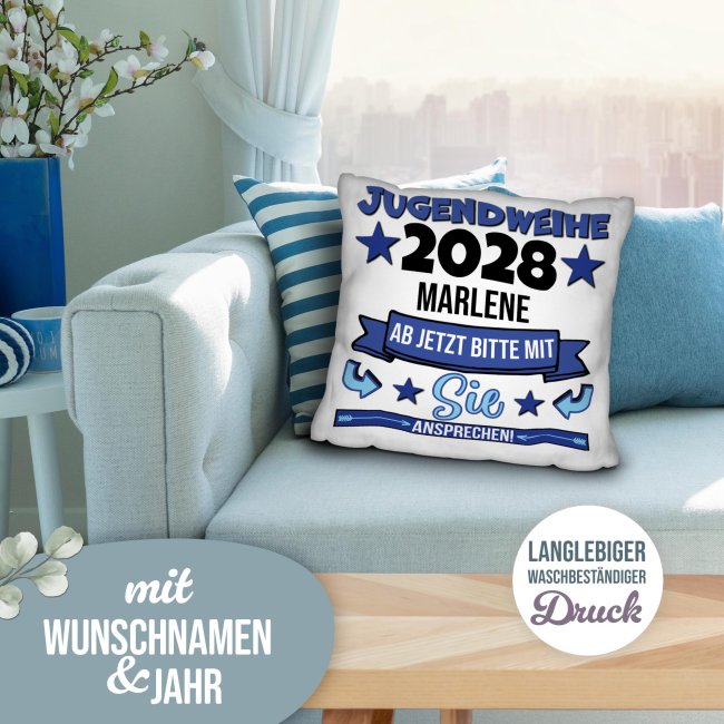Personalisiertes Kissen zur Jugendweihe - Ab jetzt bitte mit Sie ansprechen, blau - mit Name und Jahr