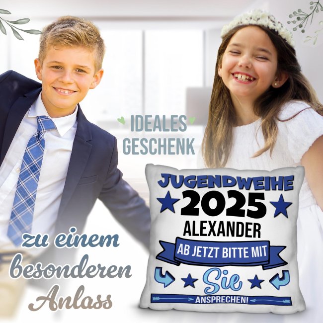 Personalisiertes Kissen zur Jugendweihe - Ab jetzt bitte mit Sie ansprechen, blau - mit Name und Jahr