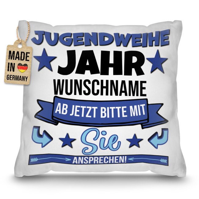 Personalisiertes Kissen zur Jugendweihe - Ab jetzt bitte mit Sie ansprechen, blau - mit Name und Jahr