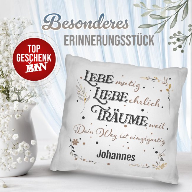 Personalisiertes Kissen zur Jugendweihe - Lebe, Liebe, Tr&auml;ume - mit Name