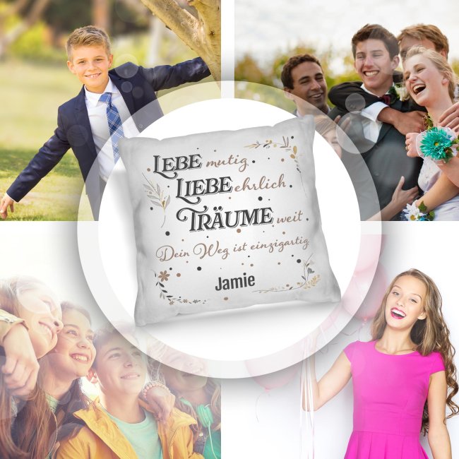 Personalisiertes Kissen zur Jugendweihe - Lebe, Liebe, Tr&auml;ume - mit Name
