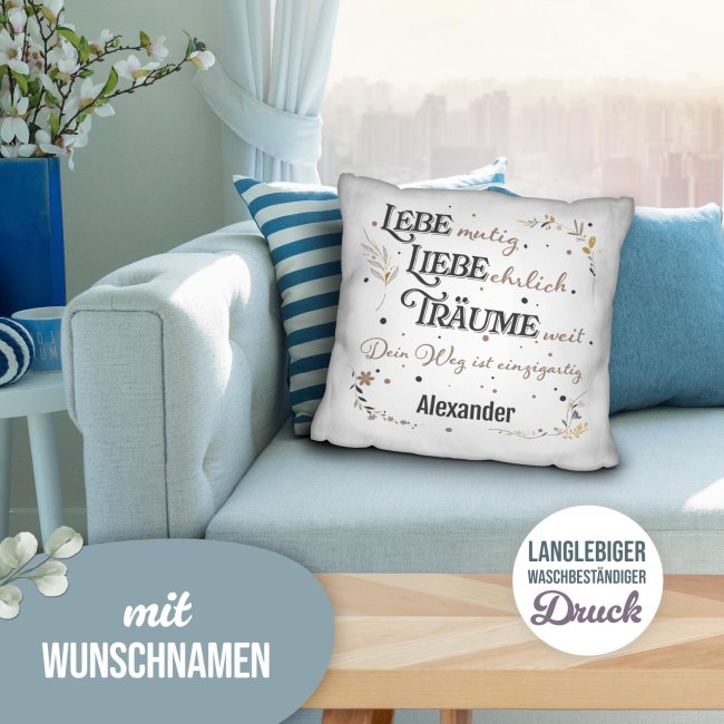 Personalisiertes Kissen zur Jugendweihe - Lebe, Liebe, Tr&auml;ume - mit Name