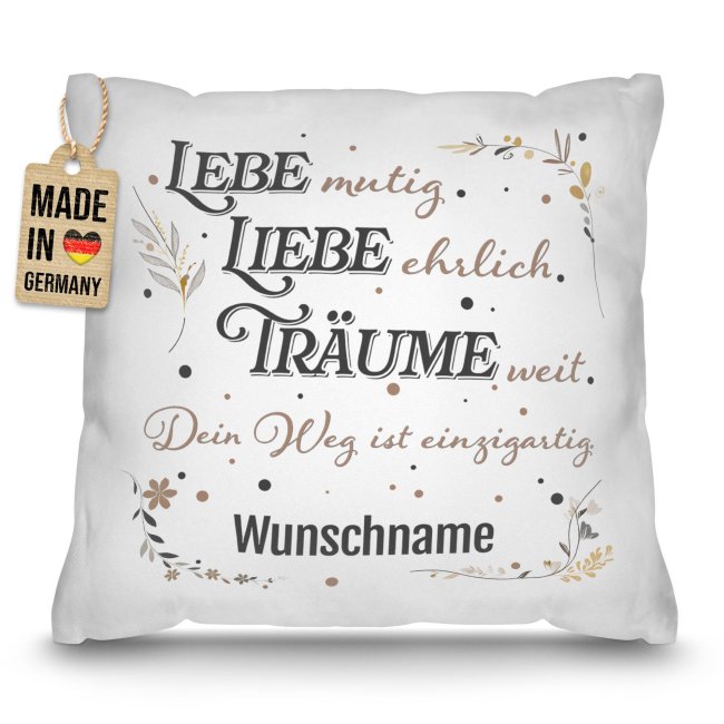 Personalisiertes Kissen zur Jugendweihe - Lebe, Liebe, Tr&auml;ume - mit Name