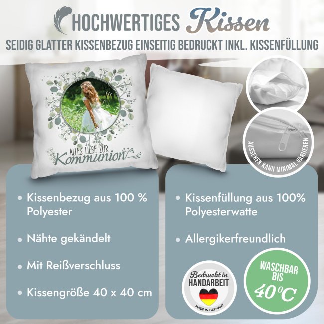 Personalisiertes Kissen zur Kommunion - Alles liebe - Kreis - mit Foto