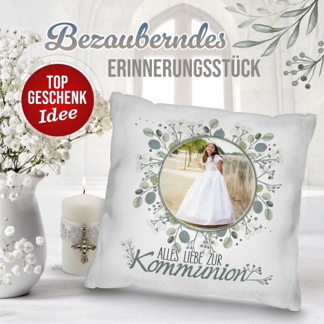 Personalisiertes Kissen zur Kommunion - Alles liebe - Kreis - mit Foto