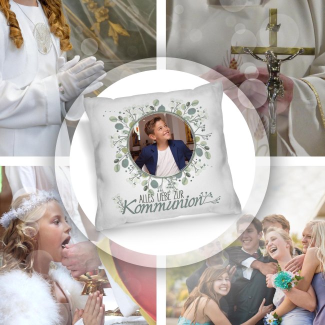 Personalisiertes Kissen zur Kommunion - Alles liebe - Kreis - mit Foto