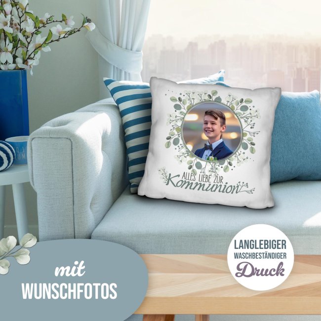 Personalisiertes Kissen zur Kommunion - Alles liebe - Kreis - mit Foto