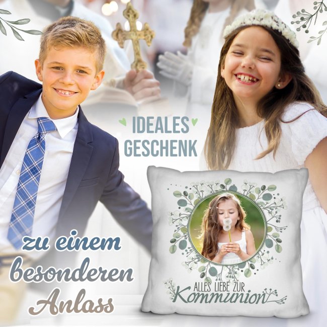 Personalisiertes Kissen zur Kommunion - Alles liebe - Kreis - mit Foto