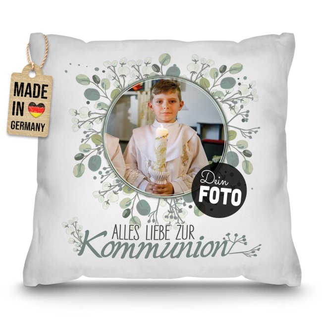 Personalisiertes Kissen zur Kommunion - Alles liebe - Kreis - mit Foto