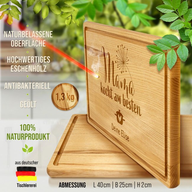 Gro&szlig;es Schneidebrett mit Gravur - Mama kocht am besten - mit Name - 40 x 25 cm