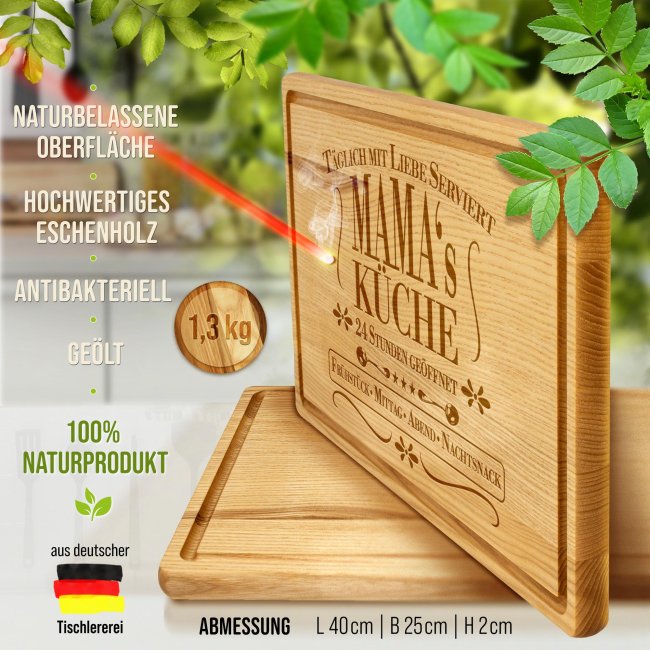 Gro&szlig;es Schneidebrett mit Gravur - Mamas K&uuml;che, 24 Stunden ge&ouml;ffnet - 40 x 25 cm