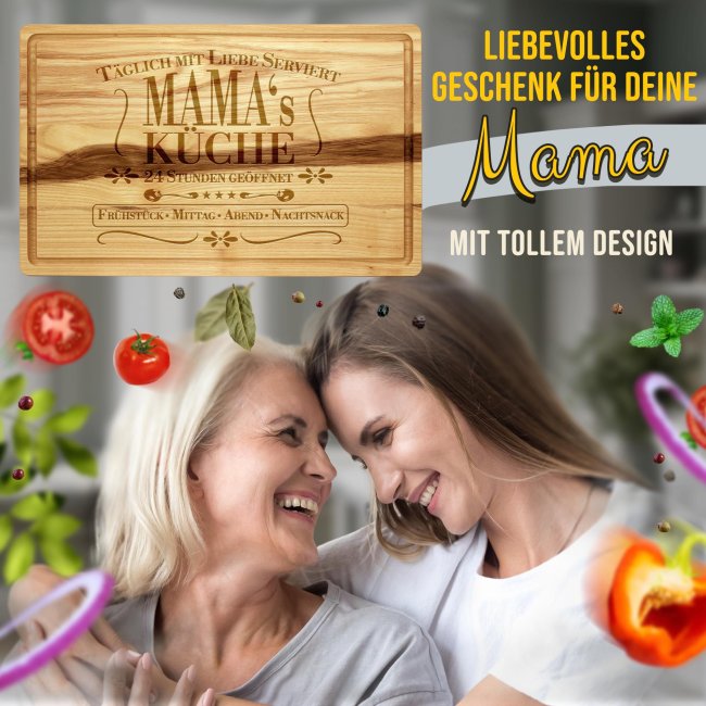 Gro&szlig;es Schneidebrett mit Gravur - Mamas K&uuml;che, 24 Stunden ge&ouml;ffnet - 40 x 25 cm