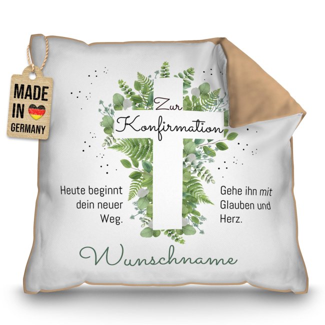 Kissen zur Konfirmation -  Heute beginnt dein neuer Weg - mit Name - R&uuml;ckseite Mokka
