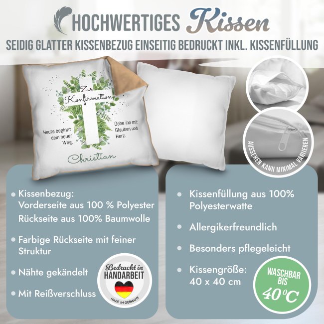 Kissen zur Konfirmation -  Heute beginnt dein neuer Weg - mit Name - R&uuml;ckseite Mokka