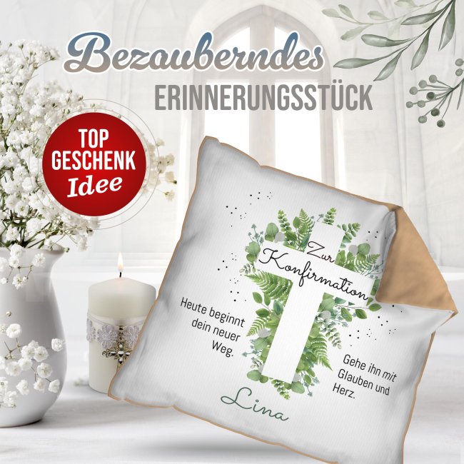 Kissen zur Konfirmation -  Heute beginnt dein neuer Weg - mit Name - R&uuml;ckseite Mokka