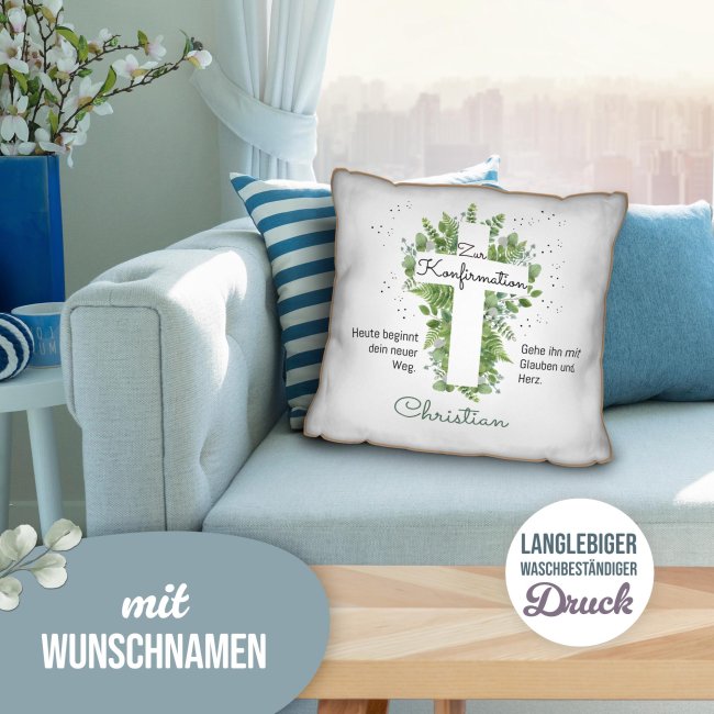 Kissen zur Konfirmation -  Heute beginnt dein neuer Weg - mit Name - R&uuml;ckseite Mokka