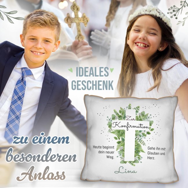 Kissen zur Konfirmation -  Heute beginnt dein neuer Weg - mit Name - R&uuml;ckseite Mokka