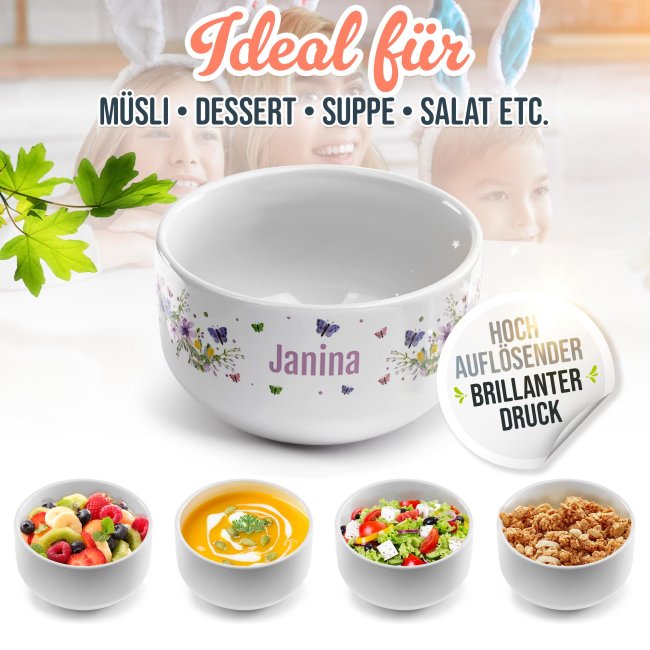 M&uuml;slischale - Schmetterlinge und Blumen - mit Name - 500 ml