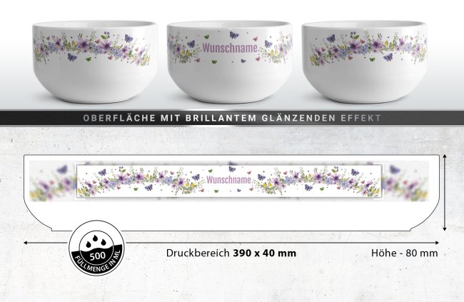 M&uuml;slischale - Schmetterlinge und Blumen - mit Name - 500 ml