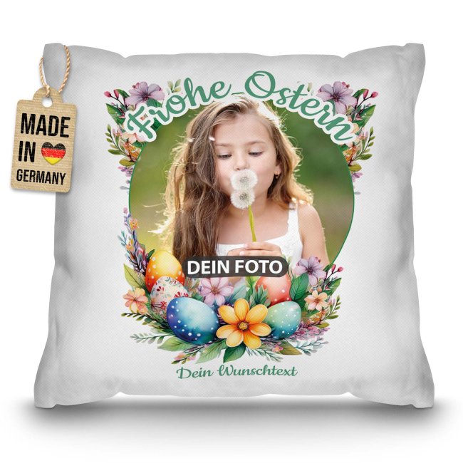 Personalisiertes Kissen - Frohe Ostern - Osterkranz Blumen - mit Foto und Text -